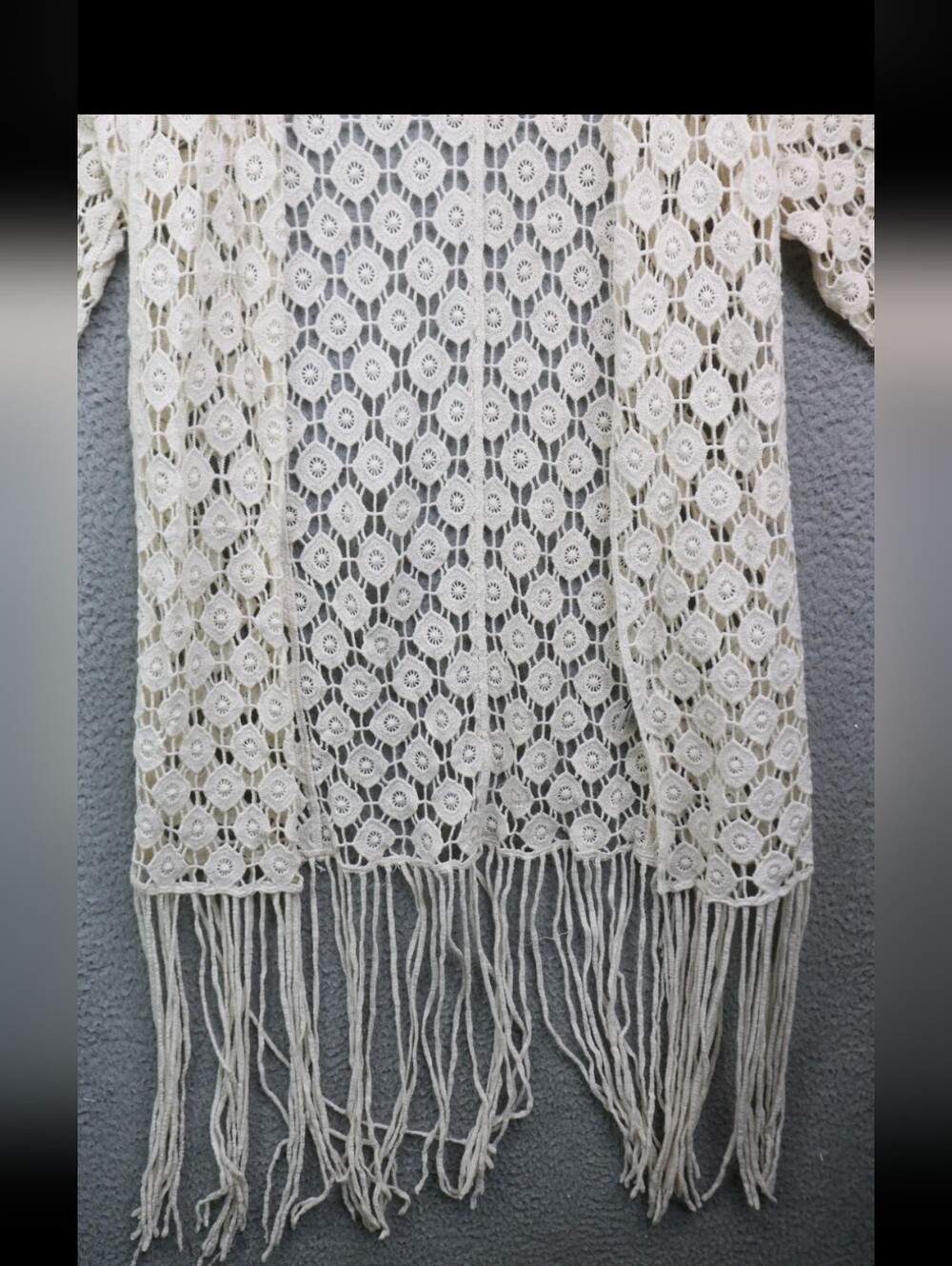 100% Cotton Rebellious One Cream Crochet Fringe Kimono Cardigan Boho Festival - Picture 2 of 6